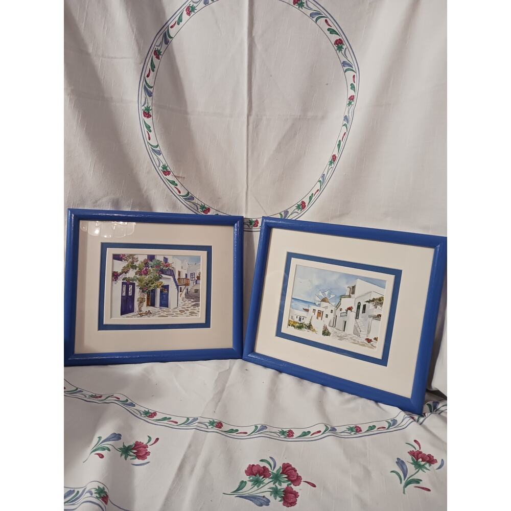 Set of 2 Signed Watercolor Prints of Greece by E.Shmitts(?) Pro-Framed 11.75 in.
